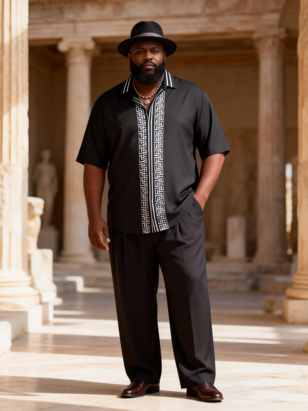 Big & Tall Men's Vintage Striped Print Short Sleeve Shirt Trousers Set