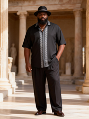 Big & Tall Men's Vintage Striped Print Short Sleeve Shirt Trousers Set