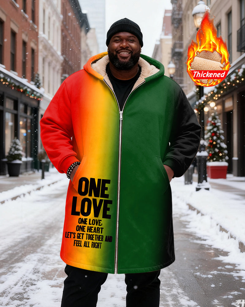 Big & Tall Men's Reggae Gradient ONE LOVE Printed Velvet Thickened Long Hooded Coat