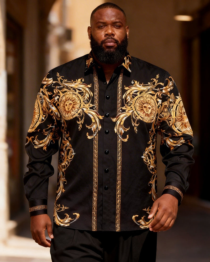 Big & Tall Men's Black And Gold Sun God Baroque Print Long Sleeve Shirt
