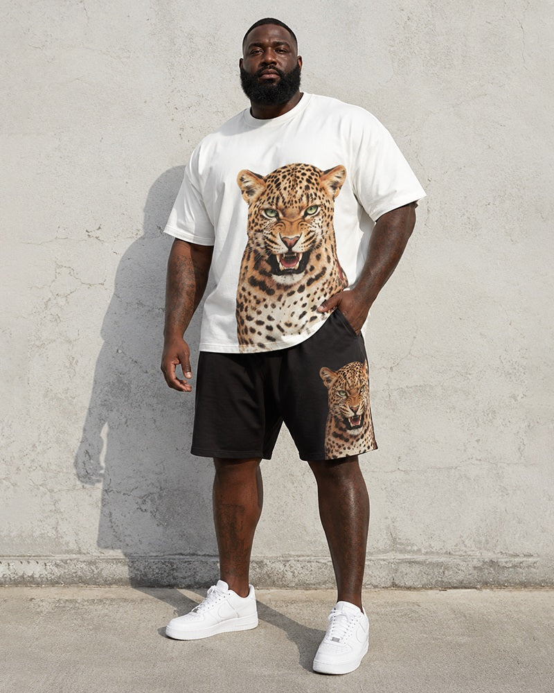 Big & Tall Men's Leopard Head Print Round Neck Short Sleeve T-Shirt Shorts Set