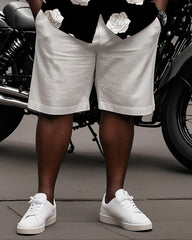 Big Man's Street Motorcycle Style White Rose Black Short Sleeve Shirt White Shorts Suit