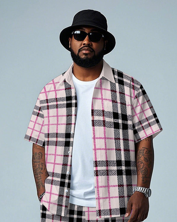 Men's Big Size Gentlemen Pink Plaid Printed Daily Casual Short Sleeve Shirt and Shorts Set