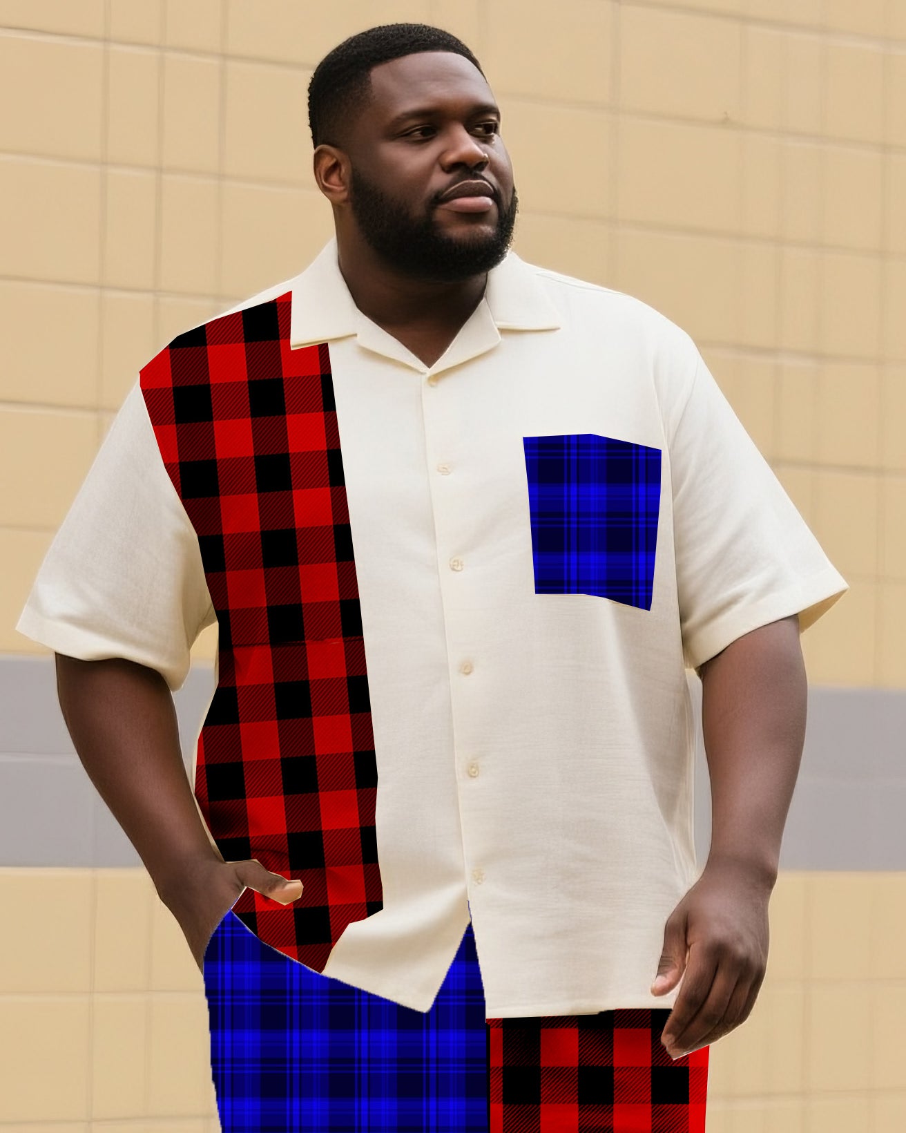 Big & Tall Men's Street Fashion Daily Casual Asymmetric Colorblock Plaid Shirt Shorts Suit