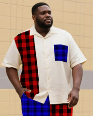 Big & Tall Men's Street Fashion Daily Casual Asymmetric Colorblock Plaid Shirt Shorts Suit