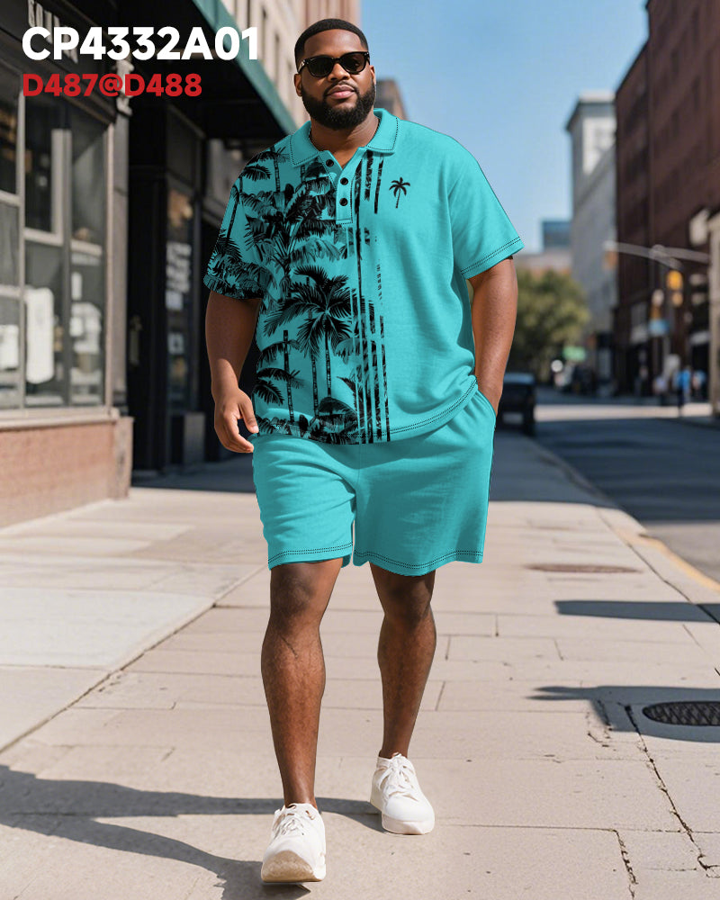 Big & Tall Men's Hawaiian Coconut Stripe Print Short Sleeve Polo Shirt Shorts Suit