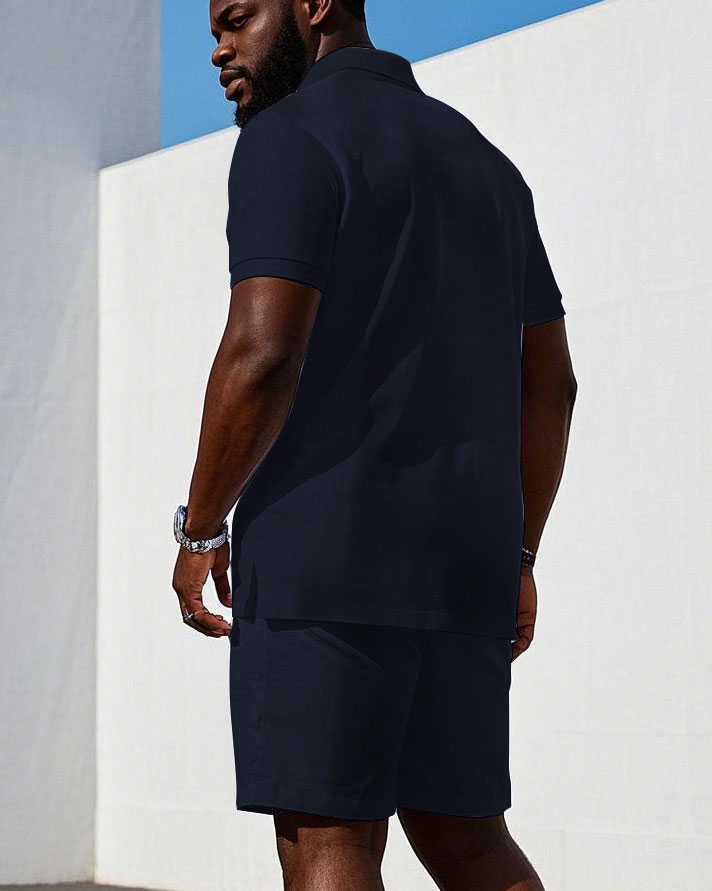 Royal Blue Boss Logo Printed Casual Short-sleeved POLO Shorts Set Big & Tall Men's