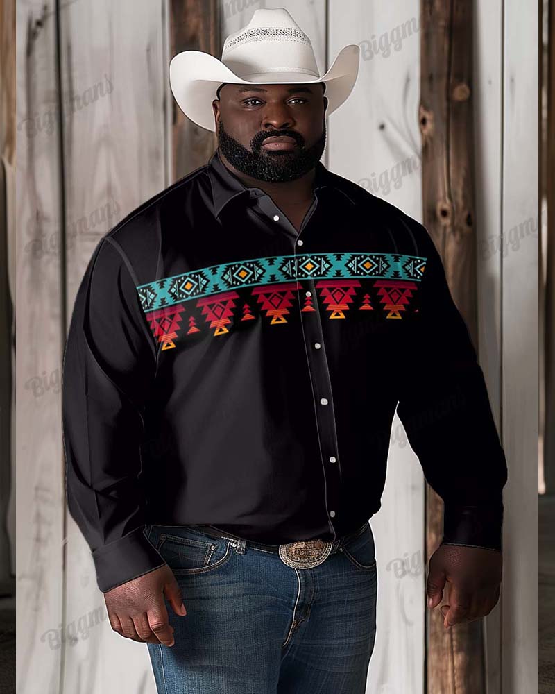 Big Guy’s Western Long Sleeve Shirt with Retro Tribal Graphic