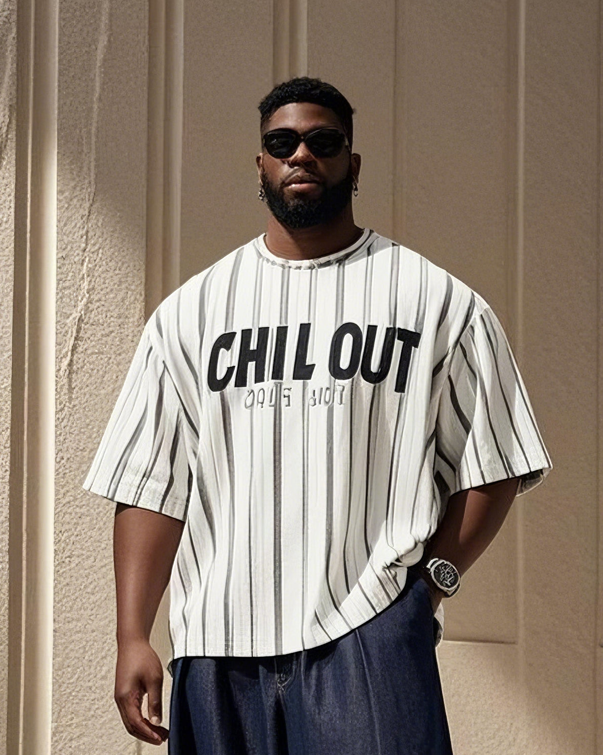 Plus Size Men's Black Simple Stripe Calm Down Letter Print Casual Short-sleeved T-shirt Pants Suit
