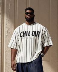 Plus Size Men's Black Simple Stripe Calm Down Letter Print Casual Short-sleeved T-shirt Pants Suit