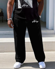 Men's Plus Size Black Chest Square Color Block Printed Short-sleeved T-shirt Trousers Suit
