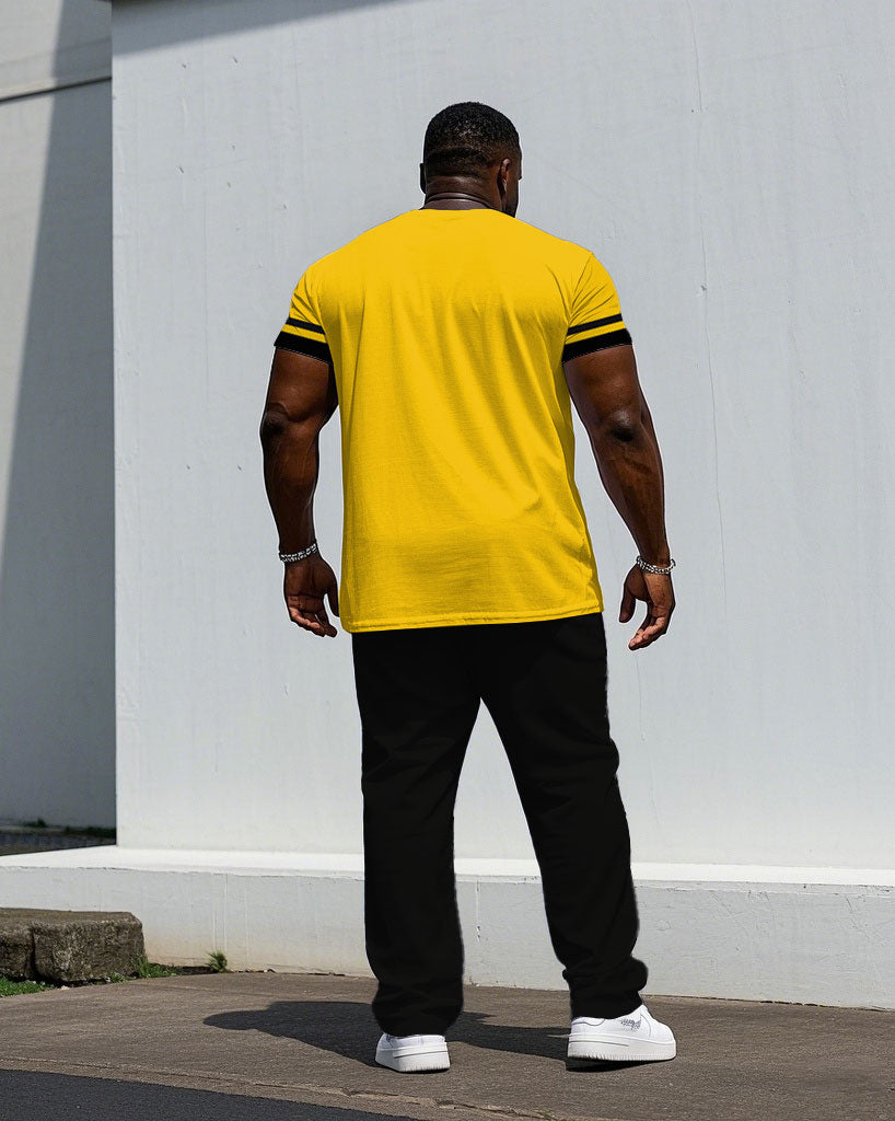 Men's Plus Size Casual Fashion Yellow Special Cuff Stitching Black Short-sleeved T-shirt Trousers Suit