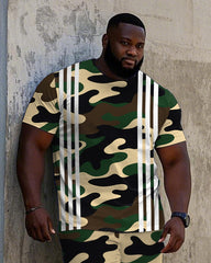 Big Men's Simple Camouflage White Stripe Printed Street Fashion Short Sleeve T-Shirt Shorts Set