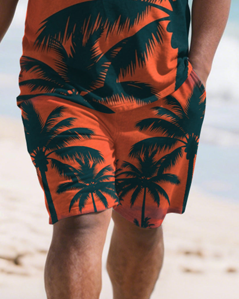 Men's Plus Size Orange Coconut Tree Silhouette Print Round Neck Short Sleeve T-Shirt Shorts Suit