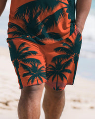 Men's Plus Size Orange Coconut Tree Silhouette Print Round Neck Short Sleeve T-Shirt Shorts Suit