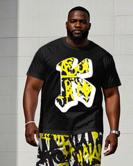 Men's Plus Size Street Fashion Graffiti Chest "K" Print Short Sleeve T-Shirt Trousers Suit