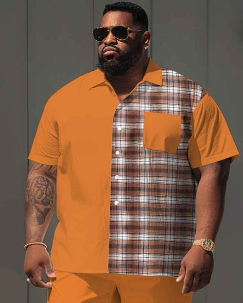 Men's Plus Size Casual Orange Plaid Print Pocket Short Sleeve Shirt Shorts Suit