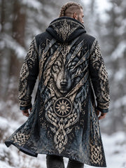 Men's Vintage Viking Wolf Celtic Knot Art Print Fleece-lined Warm Zip Up Hooded Coat