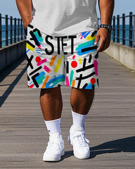 Big & Tall Men's Street Fashion Graffiti Letter Stripe Printed Short Sleeve Polo Shirt Shorts Set
