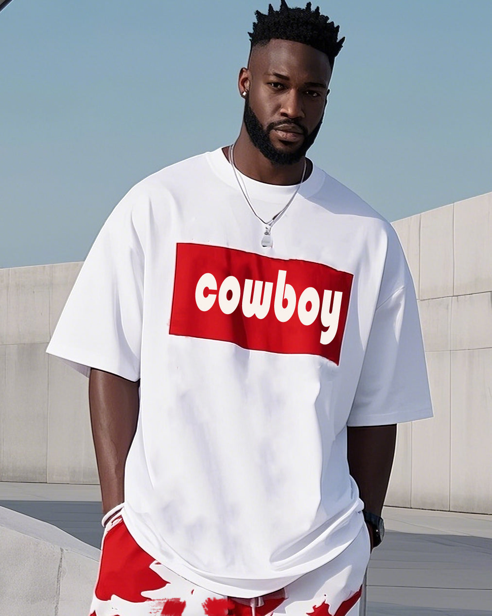 Plus Size 1 L-9L Men's Red And White Fashion Printed Casual Short-sleeved T-shirt Pants Suit