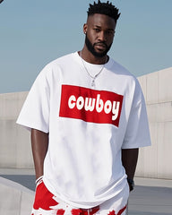 Plus Size 1 L-9L Men's Red And White Fashion Printed Casual Short-sleeved T-shirt Pants Suit