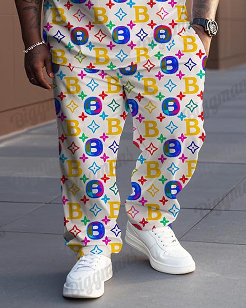 Men's Plus Size Trendy Letter Color Pattern Printed T-shirt Trousers Suit