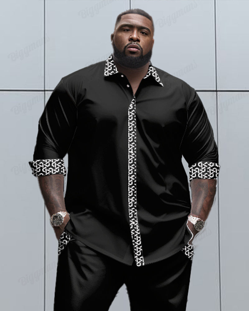 Textured Pocket Patchwork Printed Long Sleeve Lapel Shirt 2 Piece Set Men's Big and Tall