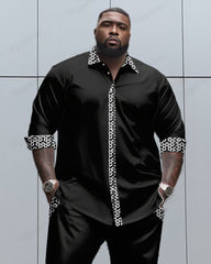 Textured Pocket Patchwork Printed Long Sleeve Lapel Shirt 2 Piece Set Men's Big and Tall