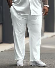 Versatile Solid Color White Big Men's Short Sleeve Shirt Trousers Set