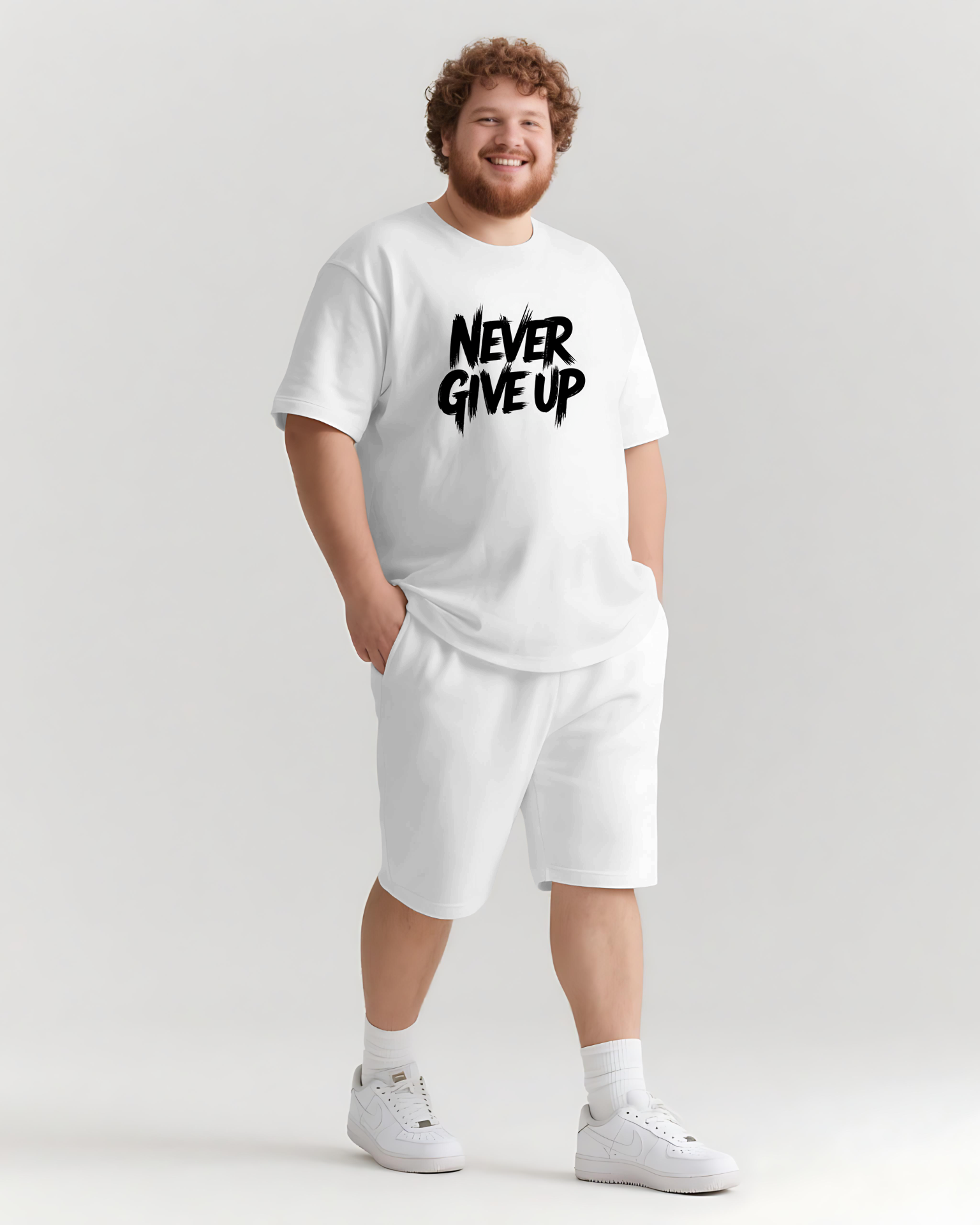 Never Give Up It’s Not The End Men's Big and Tall Simple Lettering Short Sleeve T-shirt Shorts Set