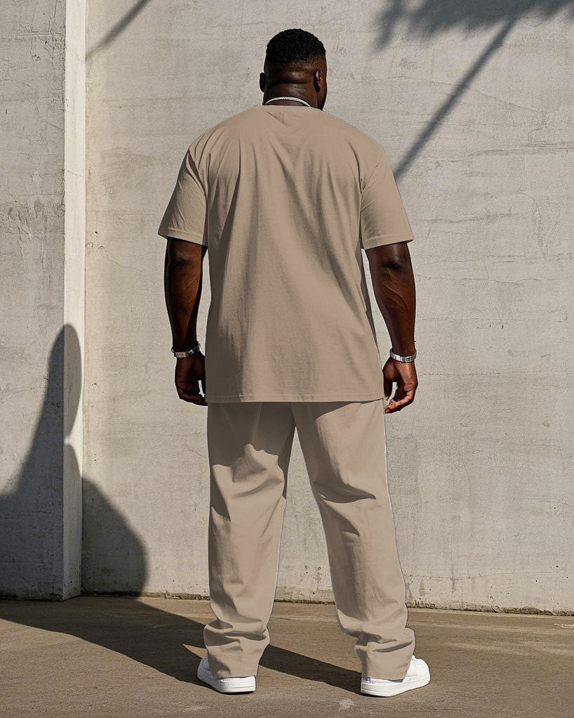 Men's Big & Tall Casual Khaki & White Colorblock Short-sleeved T-shirt Trousers Set