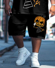 Men's Plus Size Street Fashion Black Pumpkin Head Printed T-Shirt Shorts Suit