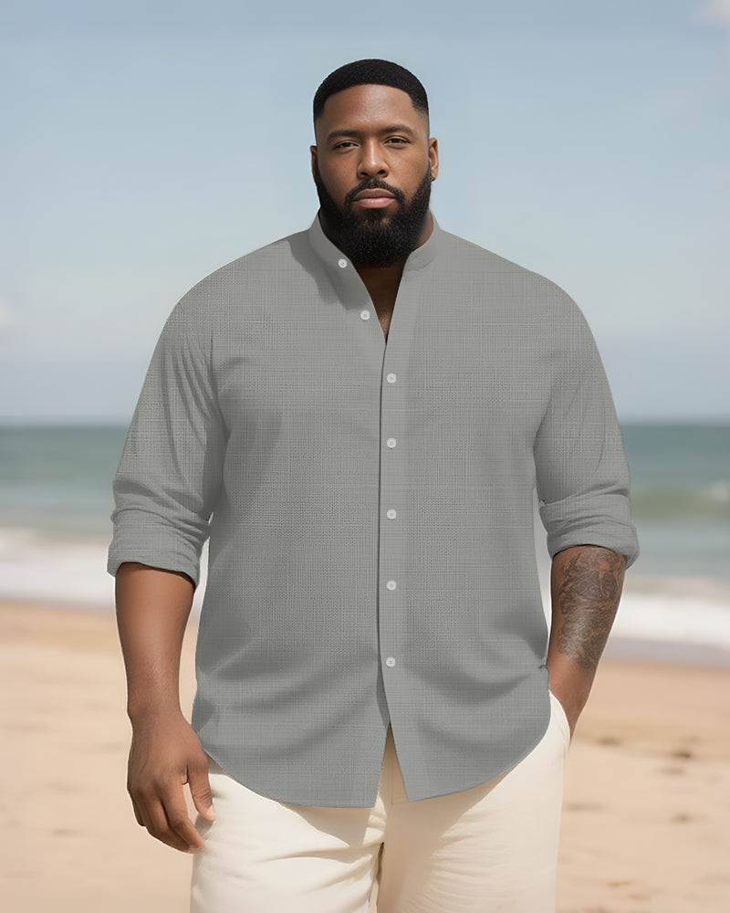 Big & Tall Men's Daily Solid Color Bamboo Hemp Texture Stand Collar Long Sleeve Shirt