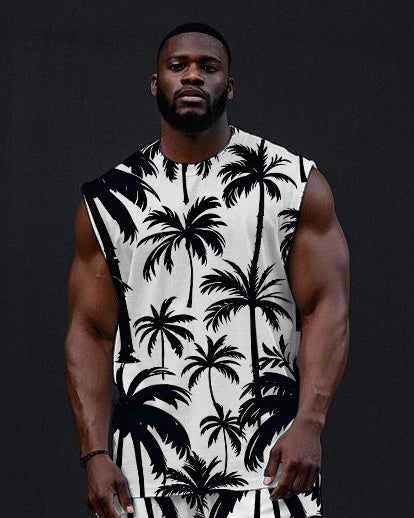 Big Men's Casual Fashion Black Coconut Trees Printed Hawaiian Vest and Shorts Set