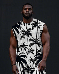 Big Men's Casual Fashion Black Coconut Trees Printed Hawaiian Vest and Shorts Set