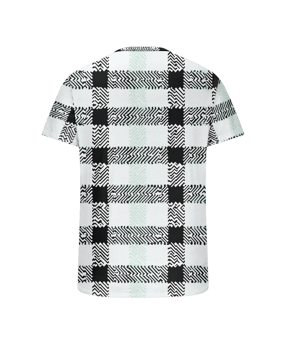 Men's Plus Size Black And White Check Print Henry Collar Button Short Sleeve T-shirt
