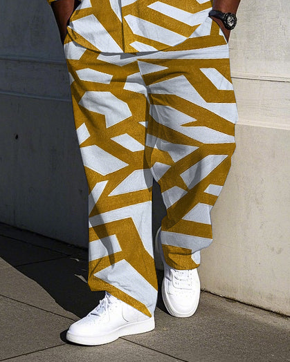 Big Men's Classic Geometric Yellow Branch Printed Casual Long Sleeve Shirt Pants Set