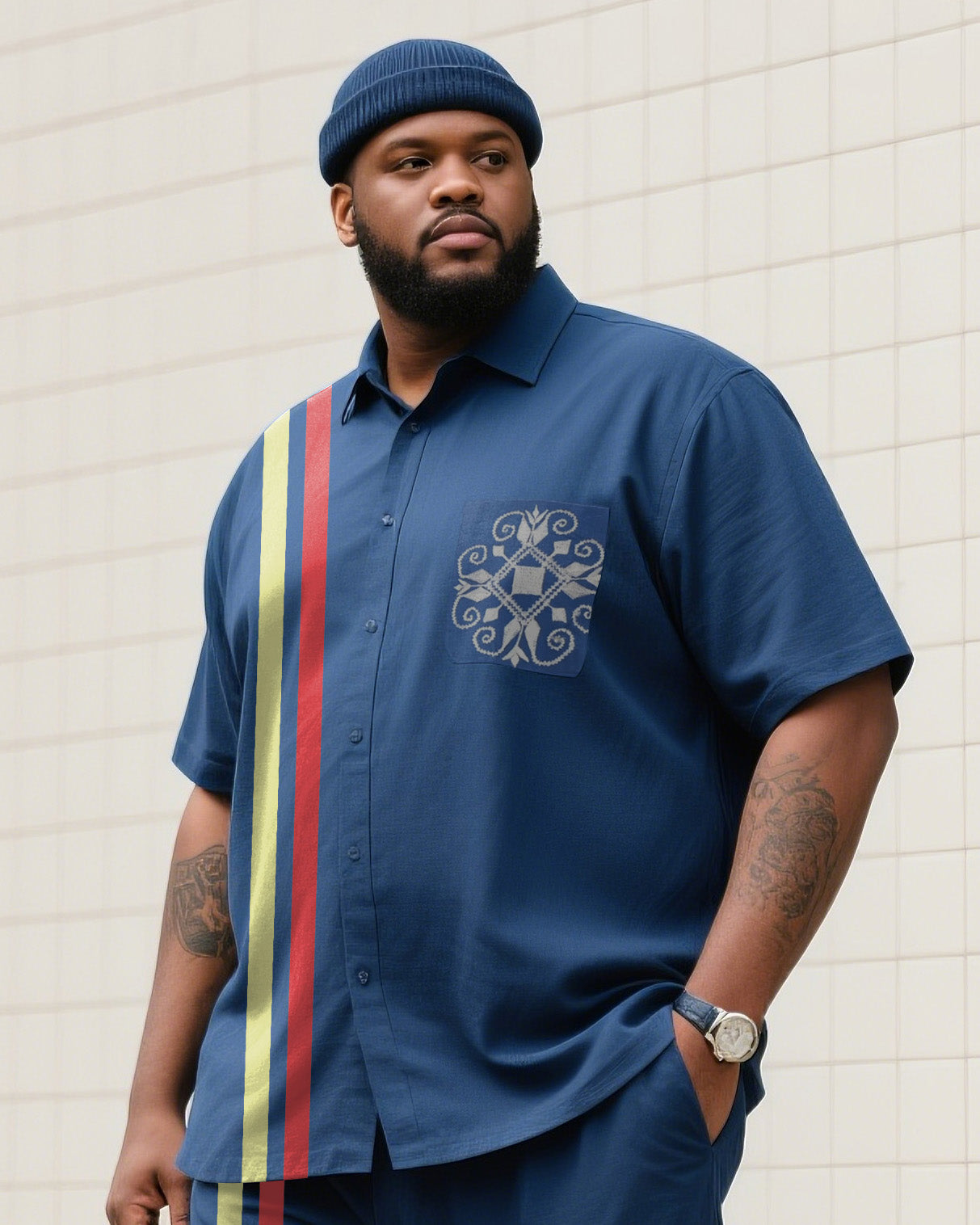 Big Boy Essential 2025Prussian Blue Striped Pocket Printed Short Sleeve Shirt Trousers Suit