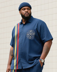 Big Boy Essential 2025Prussian Blue Striped Pocket Printed Short Sleeve Shirt Trousers Suit