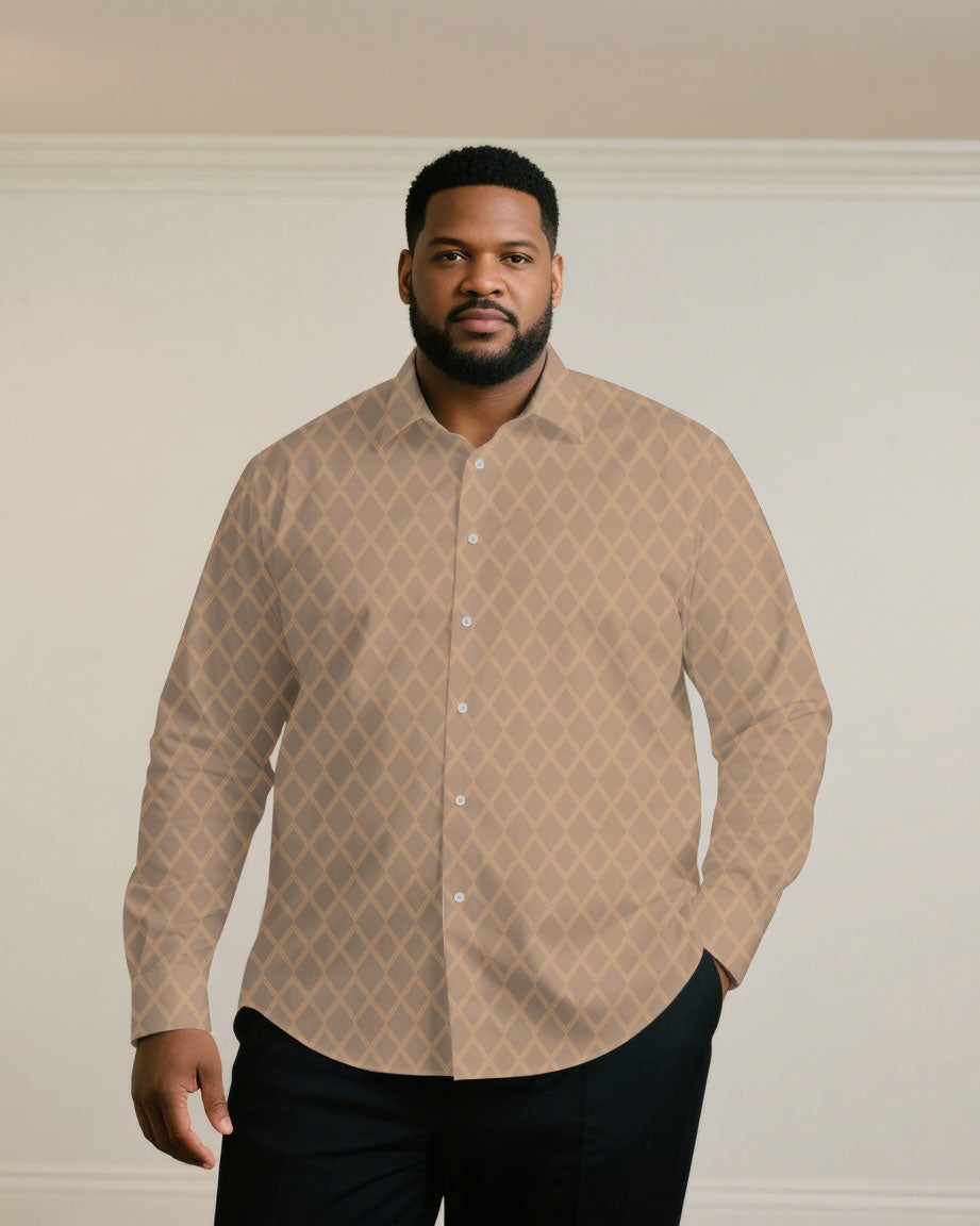 Big & Tall Men's Business Green & Khaki & Black & Red Jacquard Long Sleeve Shirt