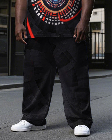 Men's Casual Abstract Vortex Square Pattern Printed Short Sleeve T-shirt Pants 2-Piece Set