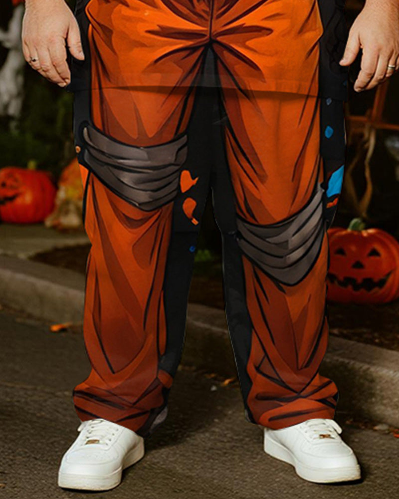 Big & Tall Men's Halloween Pumpkin Straw Cosplay Printed T-Shirt Trousers Suit