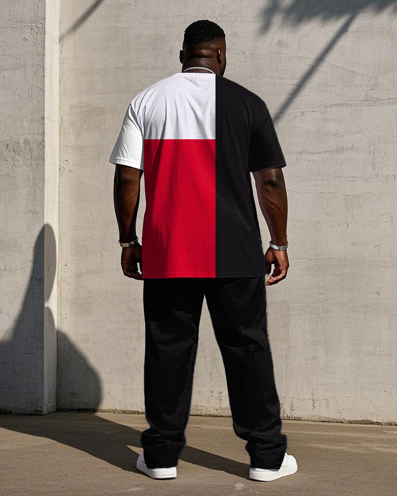 Men's Plus Size Casual Black & Red & White Geometric Color-block "Respect" Slogan Printed Short-sleeved T-shirt Trousers Suit