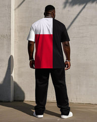 Men's Plus Size Casual Black & Red & White Geometric Color-block "Respect" Slogan Printed Short-sleeved T-shirt Trousers Suit