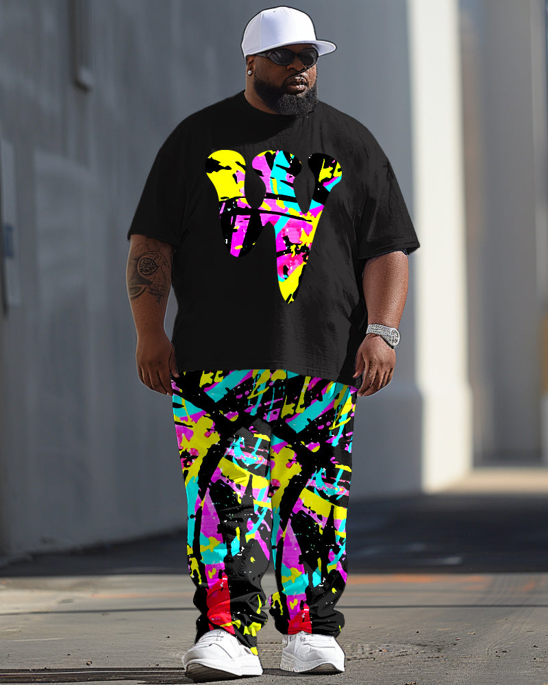 Men's Plus Size Casual Collision Color Letter Pattern Printed T-shirt Trousers Suit