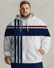Men's Daily Casual Blue Striped Patchwork Print Plus Size Hoodie Suit