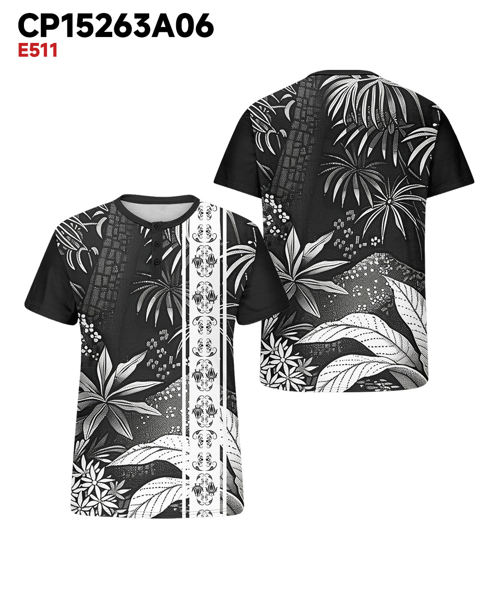 Men's Plus Size Black And White Gradient Abstract Floral Print Henry Collar Button Short Sleeve T-shirt