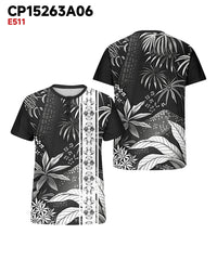 Men's Plus Size Black And White Gradient Abstract Floral Print Henry Collar Button Short Sleeve T-shirt