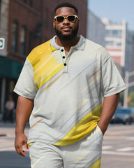 Big & Tall Men's Business Yellow Brush Stroke Line Graffiti Print Short Sleeve Polo Shirt Shorts Suit