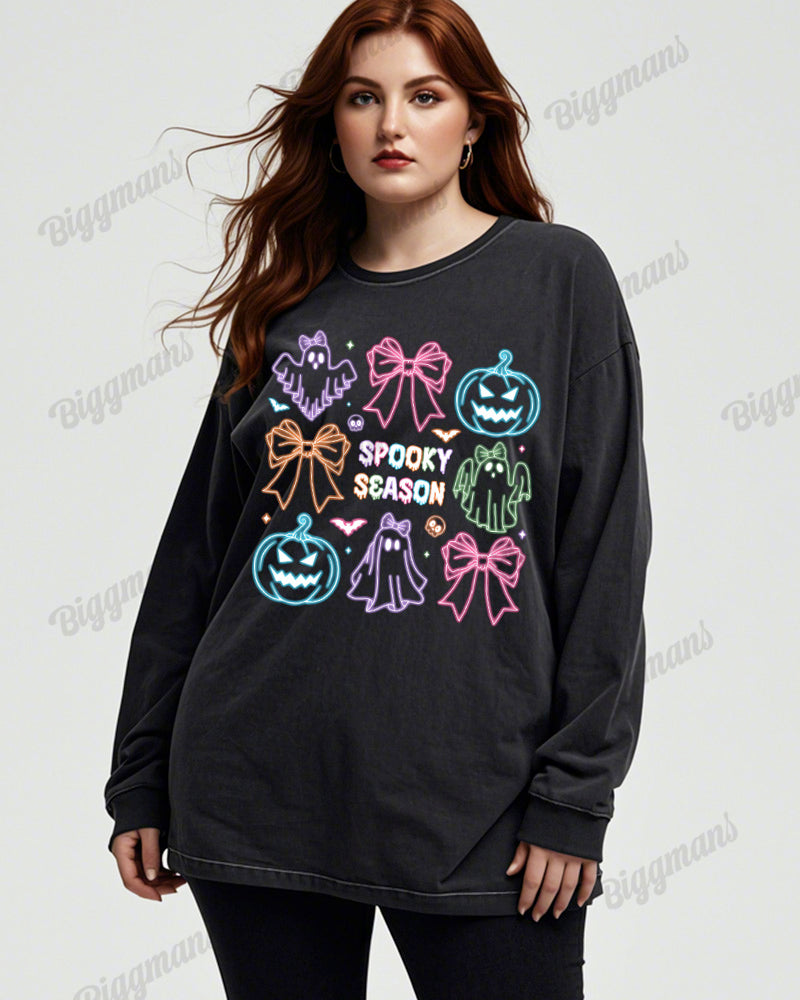 Cute Bow Ghost Print Wash Cotton Round Neck Long Sleeve Plus Size Top